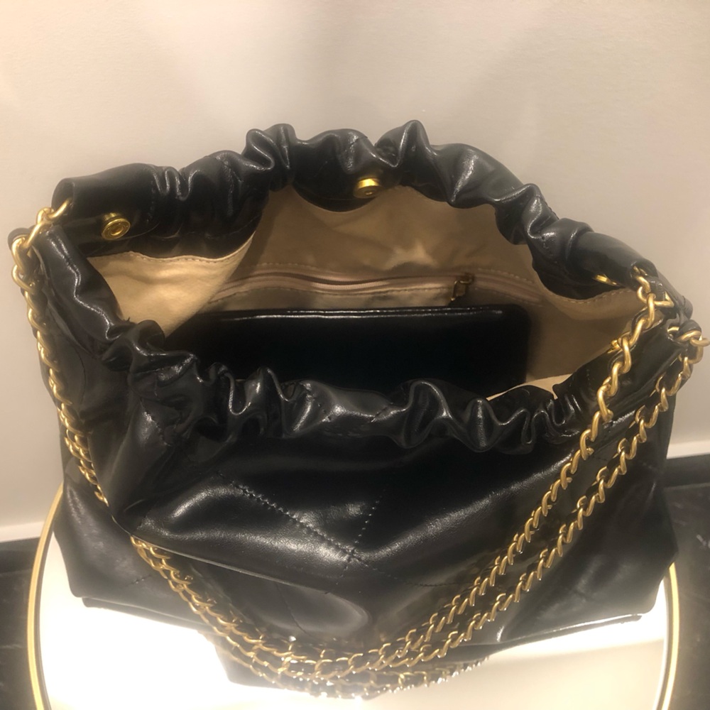 Black Quilted Shoulder Bag with Gold Chain Strap - Picture 6 of 8